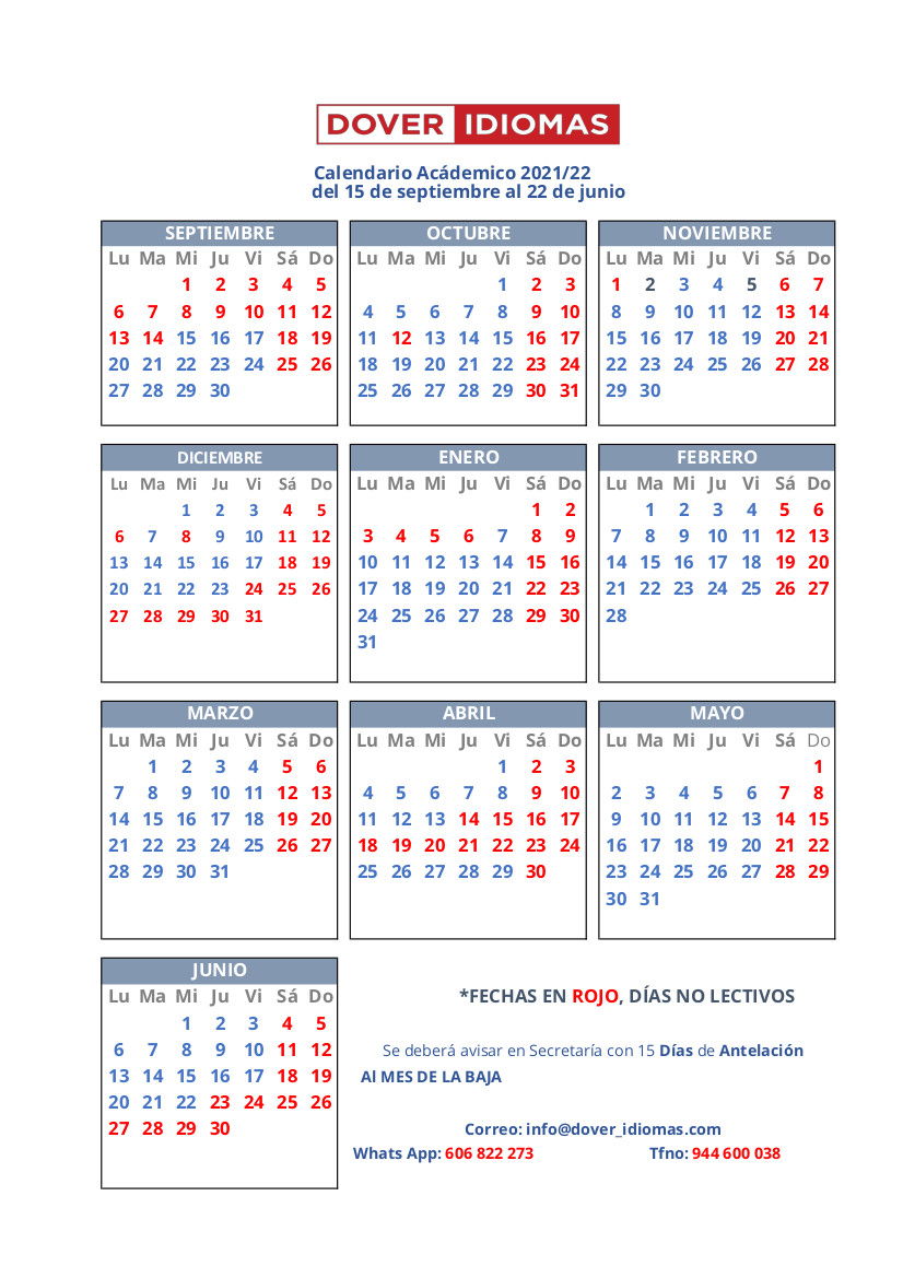 Calendario Dover Idiomas Algorta 2021 a 2022