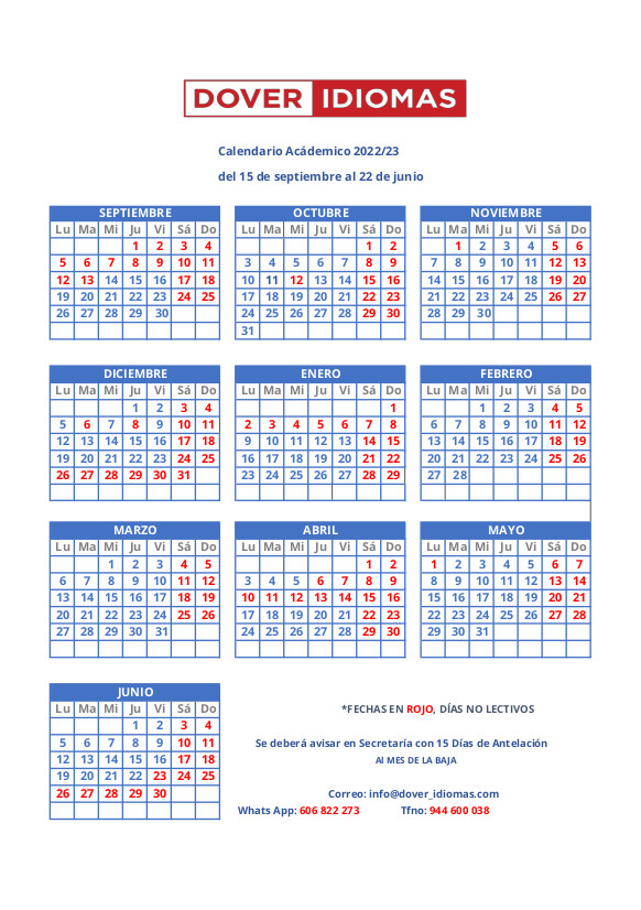 Calendario Academia Ingles Dover Idiomas Algorta Getxo 2022 2023